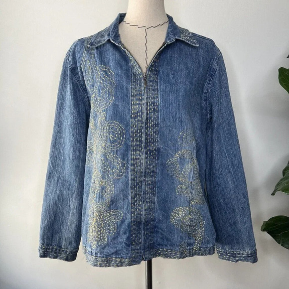 Chicos Denim Jacket Embroidered Gold Paisley Vintage Sz M 90s - Picture 1 of 10